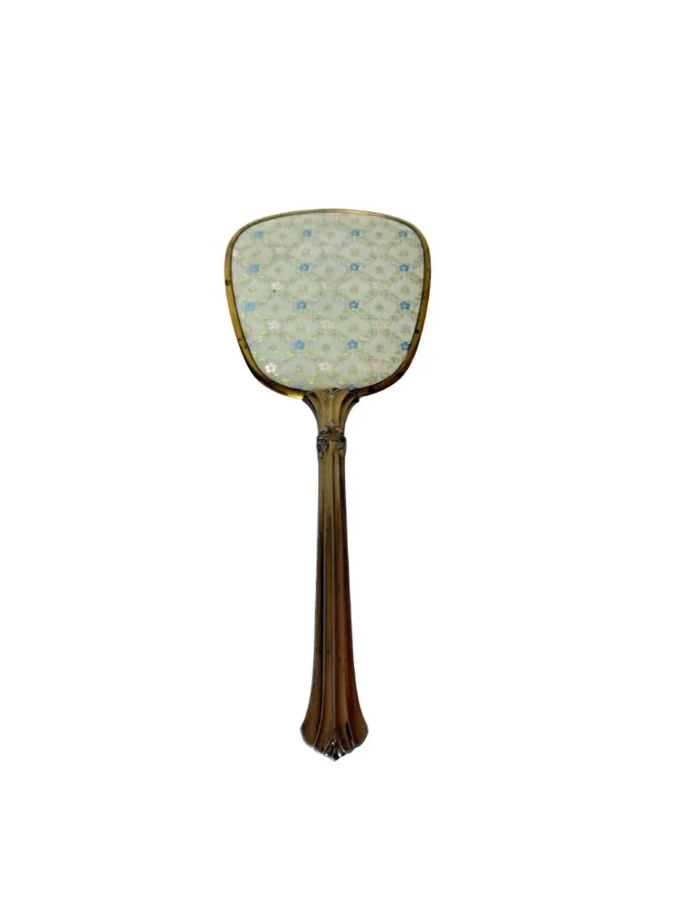 Vanity Hand Mirror Boudoir Decor Blue Floral VTG Brass Tone Hollywood Regency